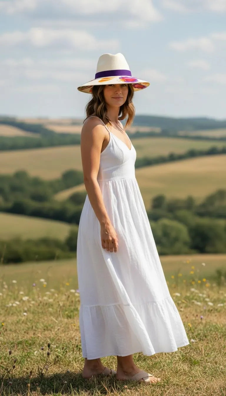 Boho outfit styled with hand painted fedora hat, artisan Mexican straw hat Bootsologie