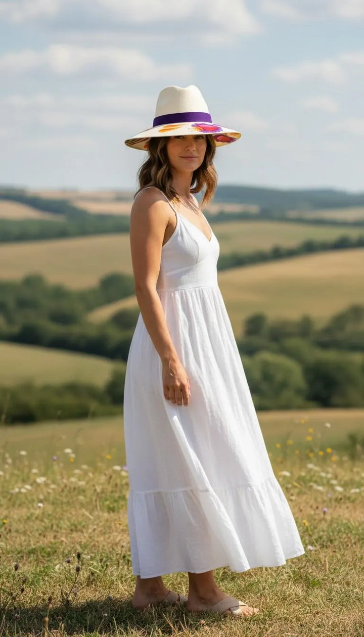 Boho outfit styled with hand painted fedora hat, artisan Mexican straw hat Bootsologie