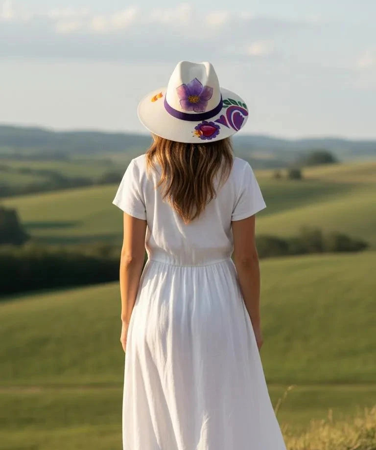 Woman wearing hand painted Mexican fedora hat, boho western style straw hat Bootsologie