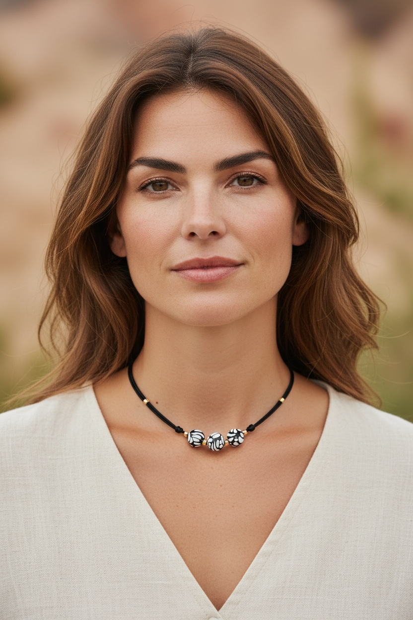 Black Talavera Necklace with Three Round Beads