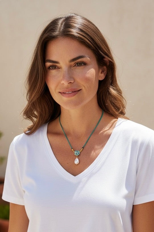 Green Talavera and Pearl Necklace
