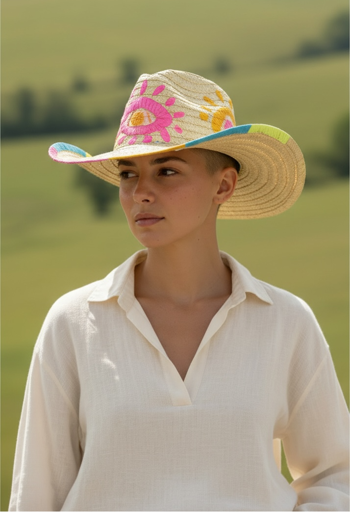 Woman modeling embroidered straw sun hat for vacation, beach, and resort wear style
