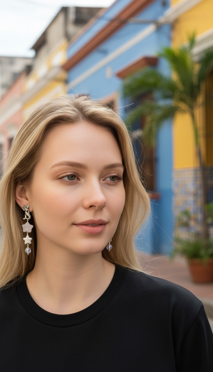 Whimsical Silver Mermaid Earrings with Quartz Charms