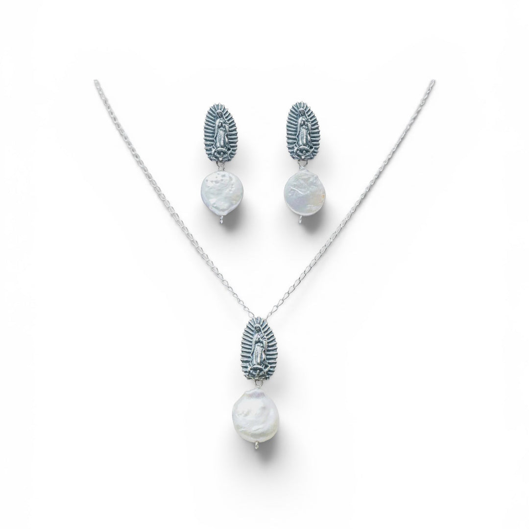 Virgen de Guadalupe pearl jewelry set with matching necklace and earrings on white background