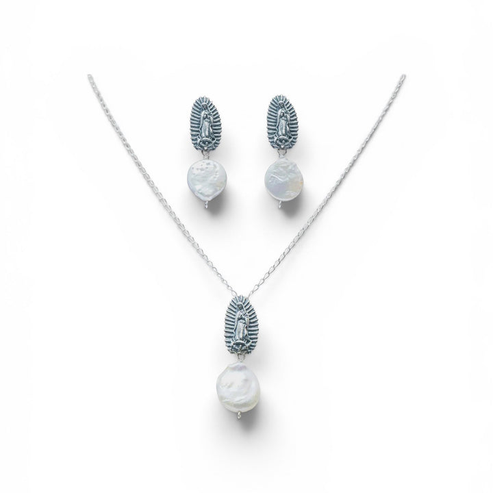 Virgen de Guadalupe pearl jewelry set with matching necklace and earrings on white background