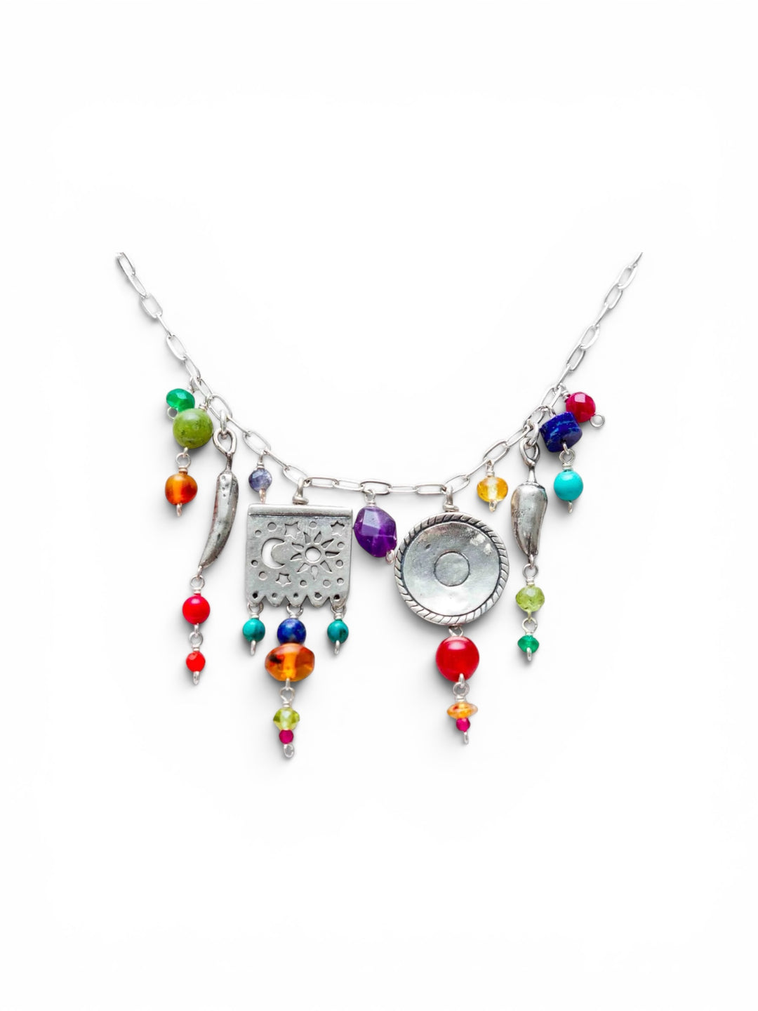 Handmade Mexican fiesta silver charm necklace with papel picado sombrero chile charms and colorful gemstone drops on white background