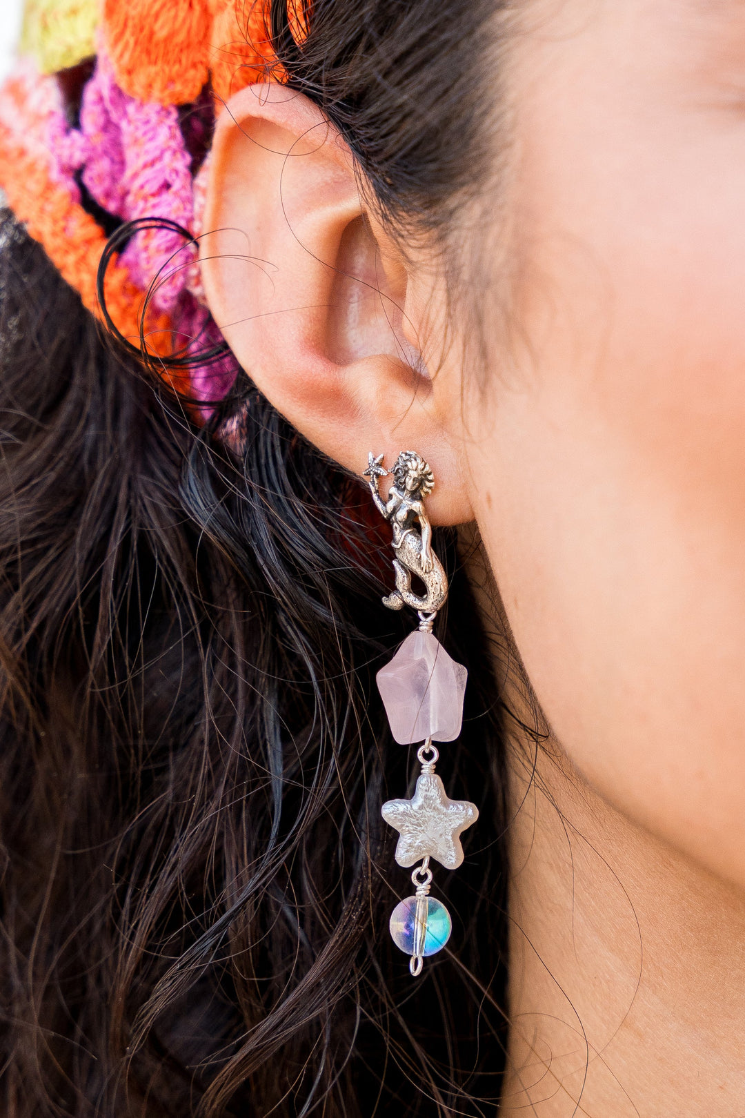 Whimsical Silver Mermaid Earrings with Quartz Charms