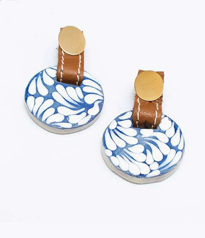 Puebla Talavera Pottery Earrings with Genuine Leather Accents