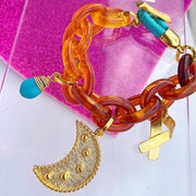 Colombian Crescent Moon Bracelet: Acrylic and Gold Pleated Charms Bracelet