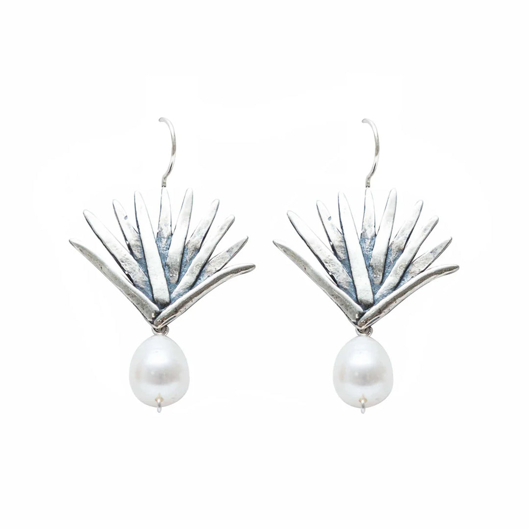 Agave pearl drop earrings styled as Mexican botanical artisan jewelry