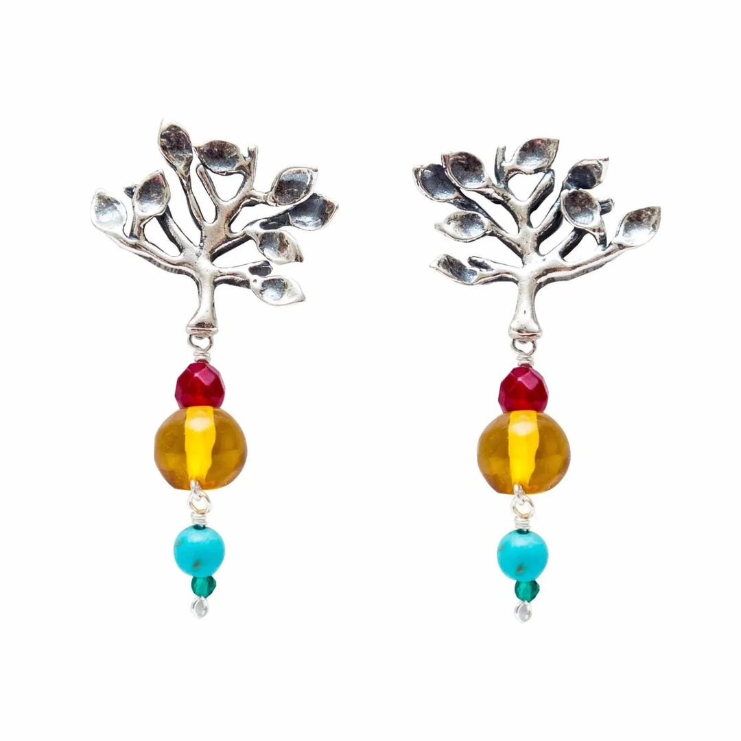 Tree of Life 925 silver earrings with natural gemstones handmade in Mexico on white background