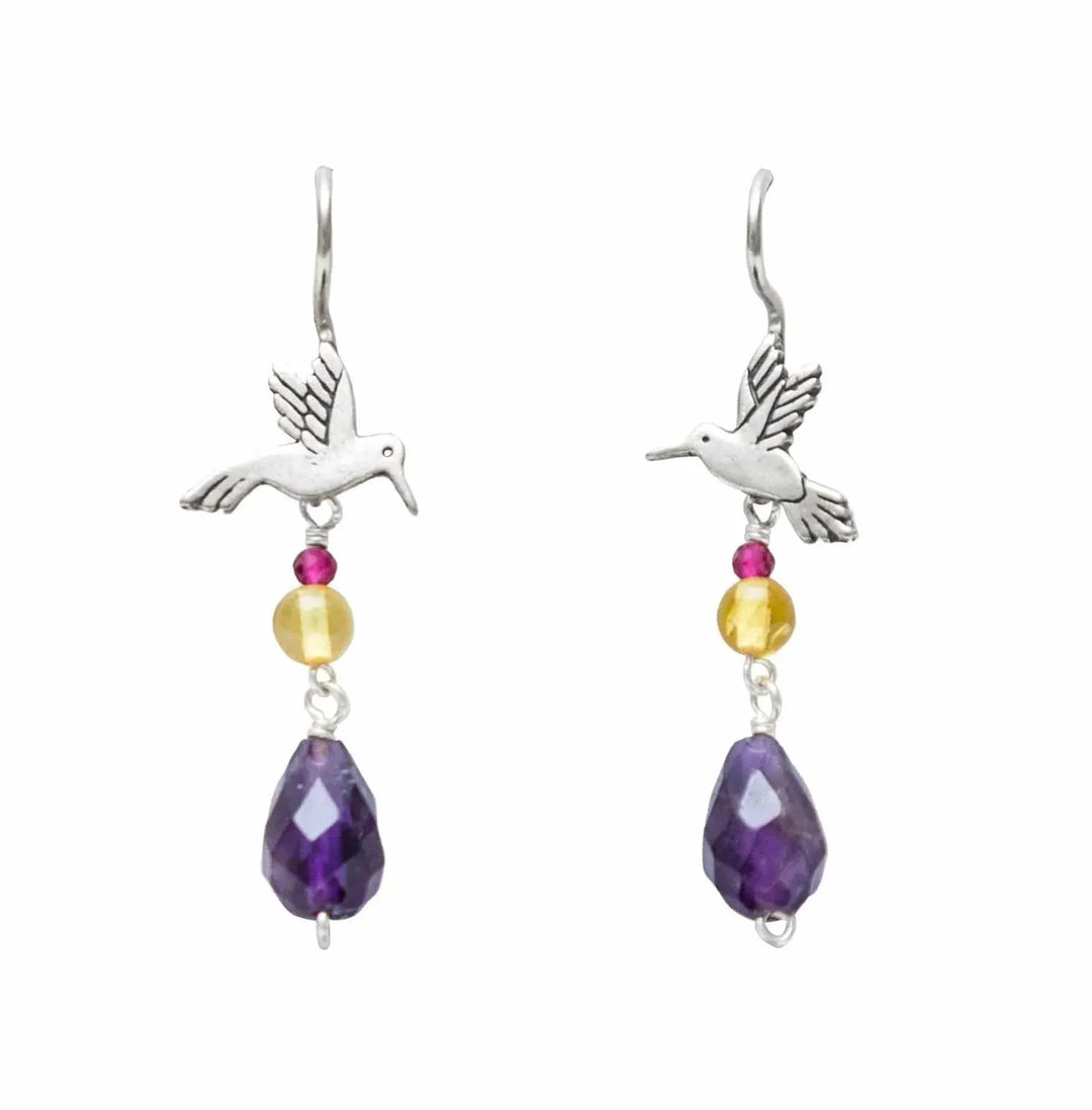 Hummingbird 925 silver earrings with colorful natural gemstone accents handmade in Mexico on white background