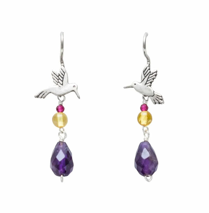 Hummingbird 925 silver earrings with colorful natural gemstone accents handmade in Mexico on white background