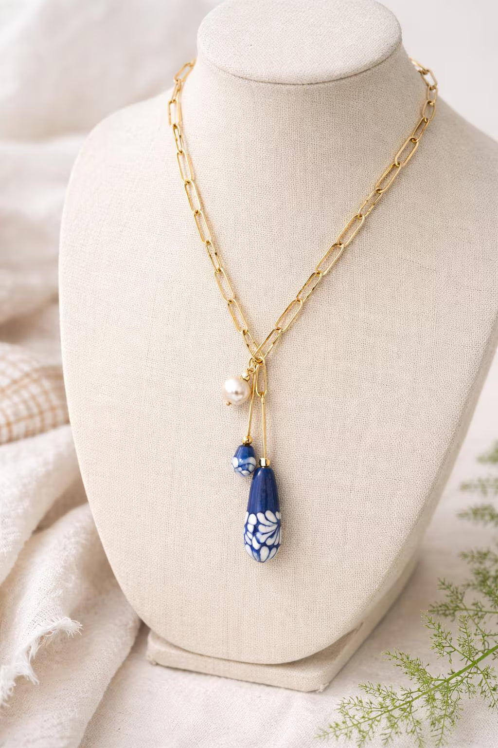 Mexican Talavera Ceramic Necklace with Pearl &amp; Gold Paperclip Chain