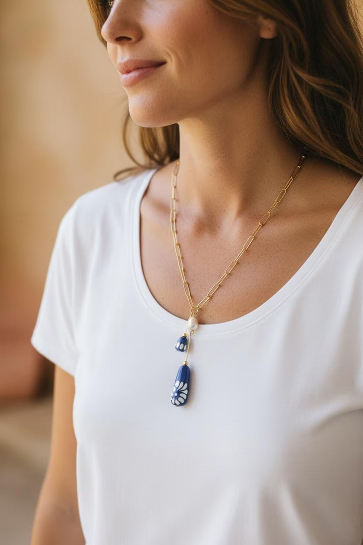 Mexican Talavera Ceramic Necklace with Pearl &amp; Gold Paperclip Chain