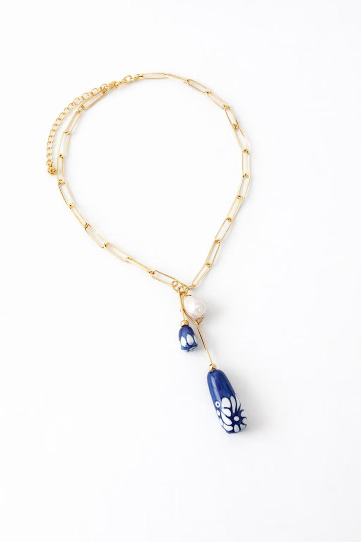 Mexican Talavera Ceramic Necklace with Pearl &amp; Gold Paperclip Chain
