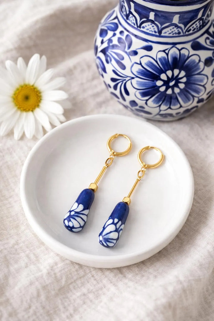 Mexican Talavera Ceramic Drop Earrings in Gold Plated Brass