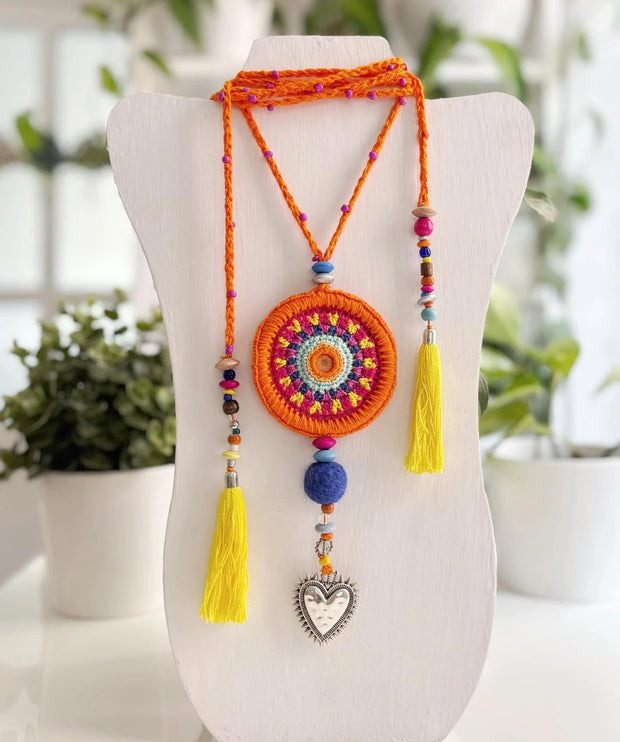 Orange Mandala Knitted Necklace