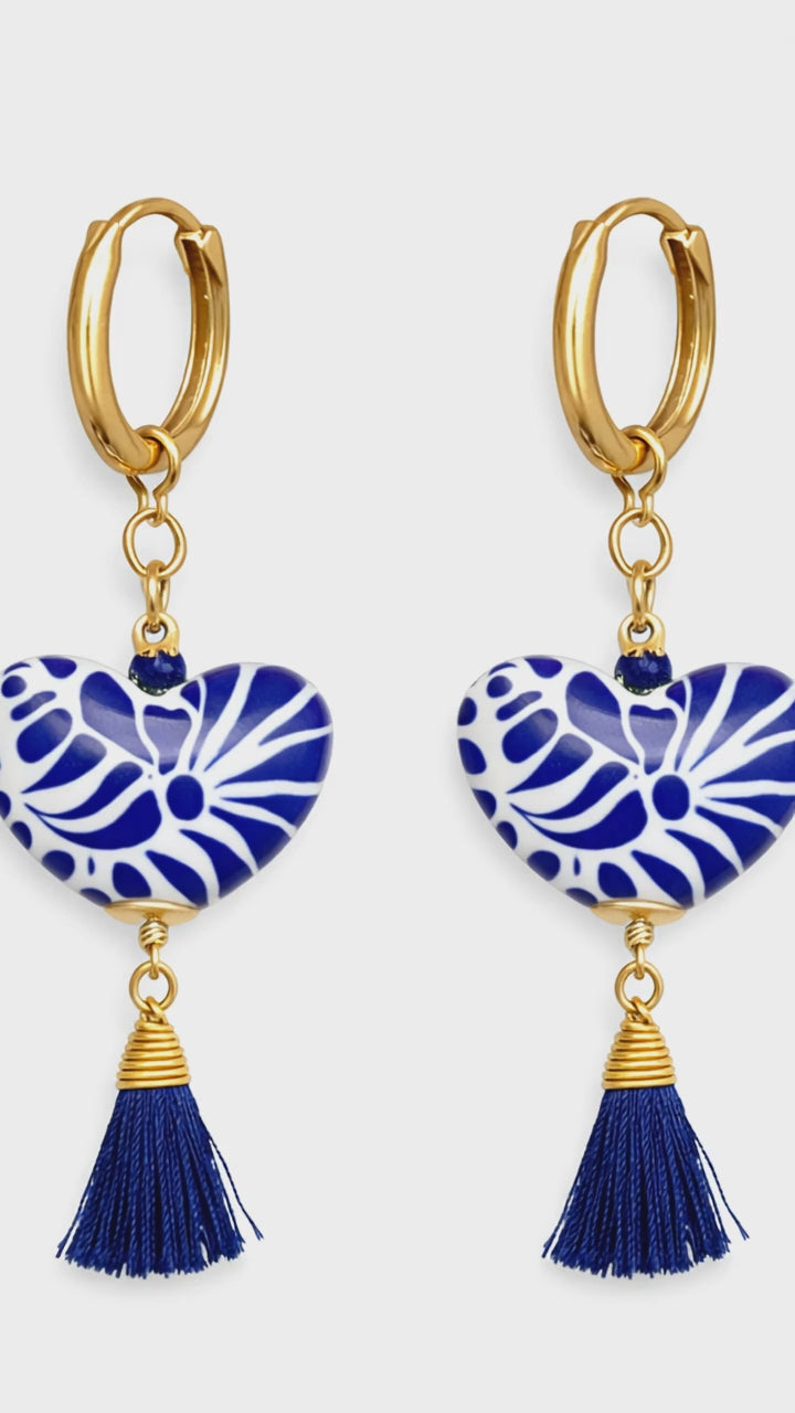 Handmade Blue Talavera Heart Earrings with Tassels from Puebla Mexico