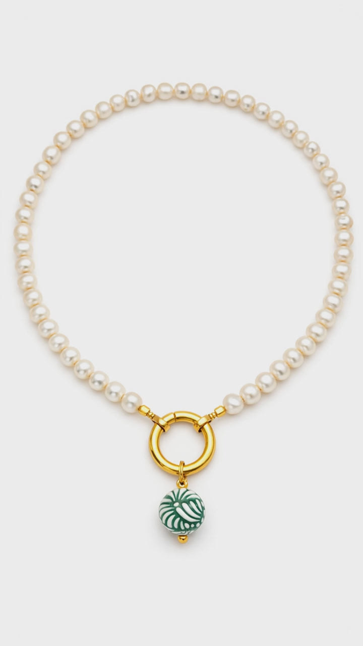 Single Green Talavera Bead &amp; Pearl Necklace