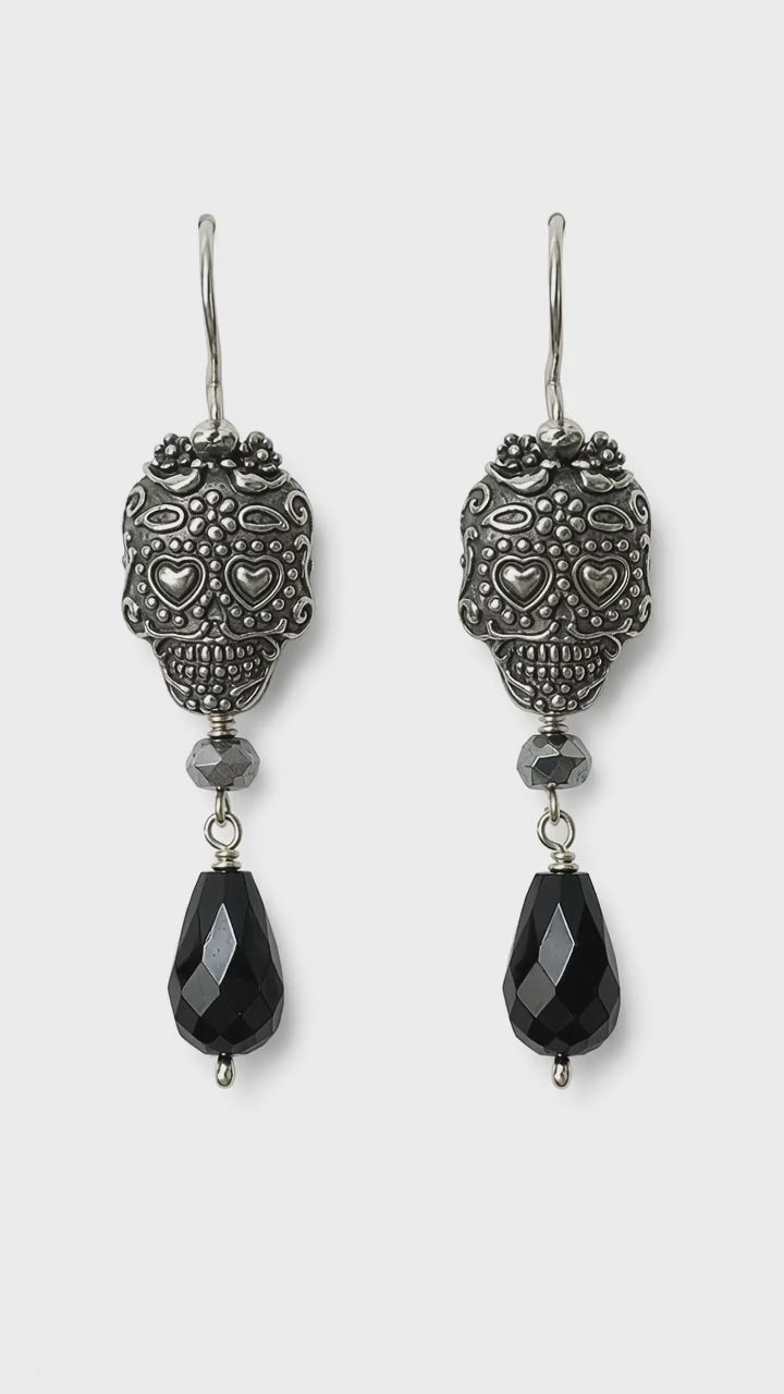 Mexican Silver Sugar Skull &amp; Black Onyx Earrings