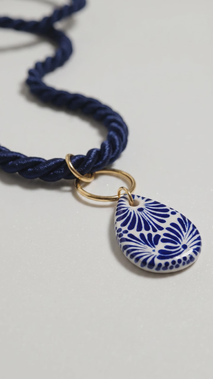 Genuine Talavera Teardrop Necklace with Navy Cord