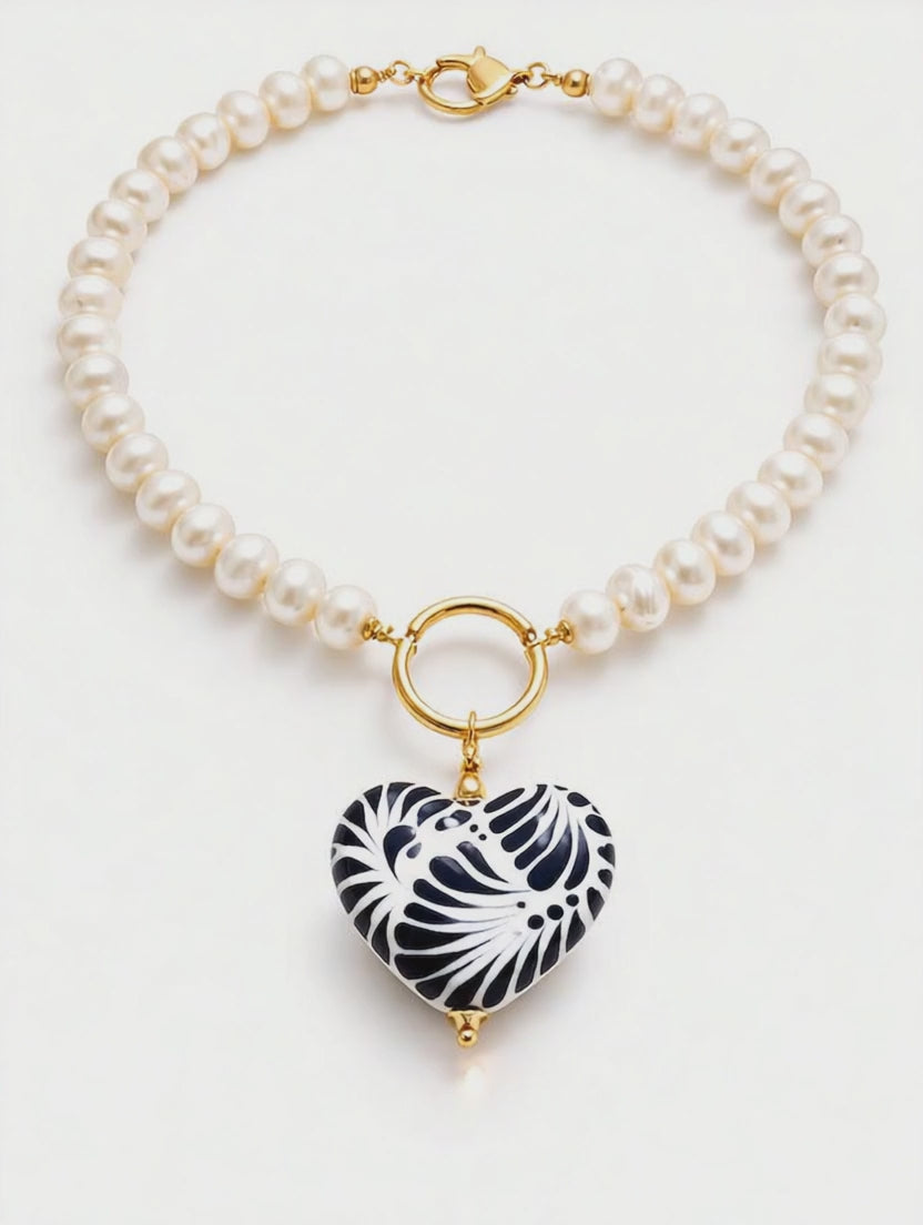 Pearl Necklace with Talavera Heart Pendant from Puebla.