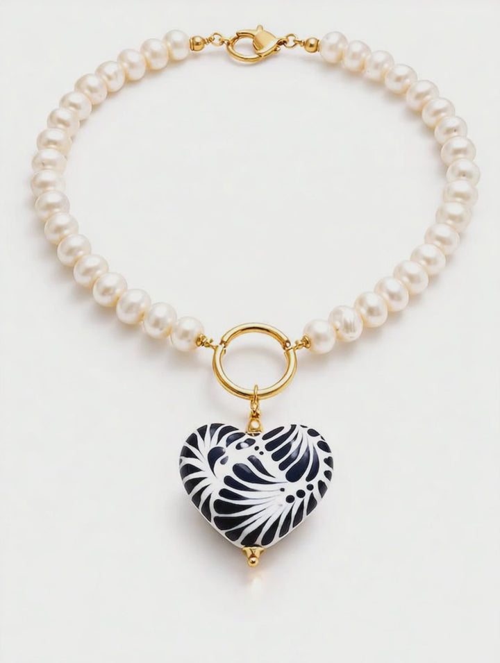 Pearl Necklace with Talavera Heart Pendant from Puebla.