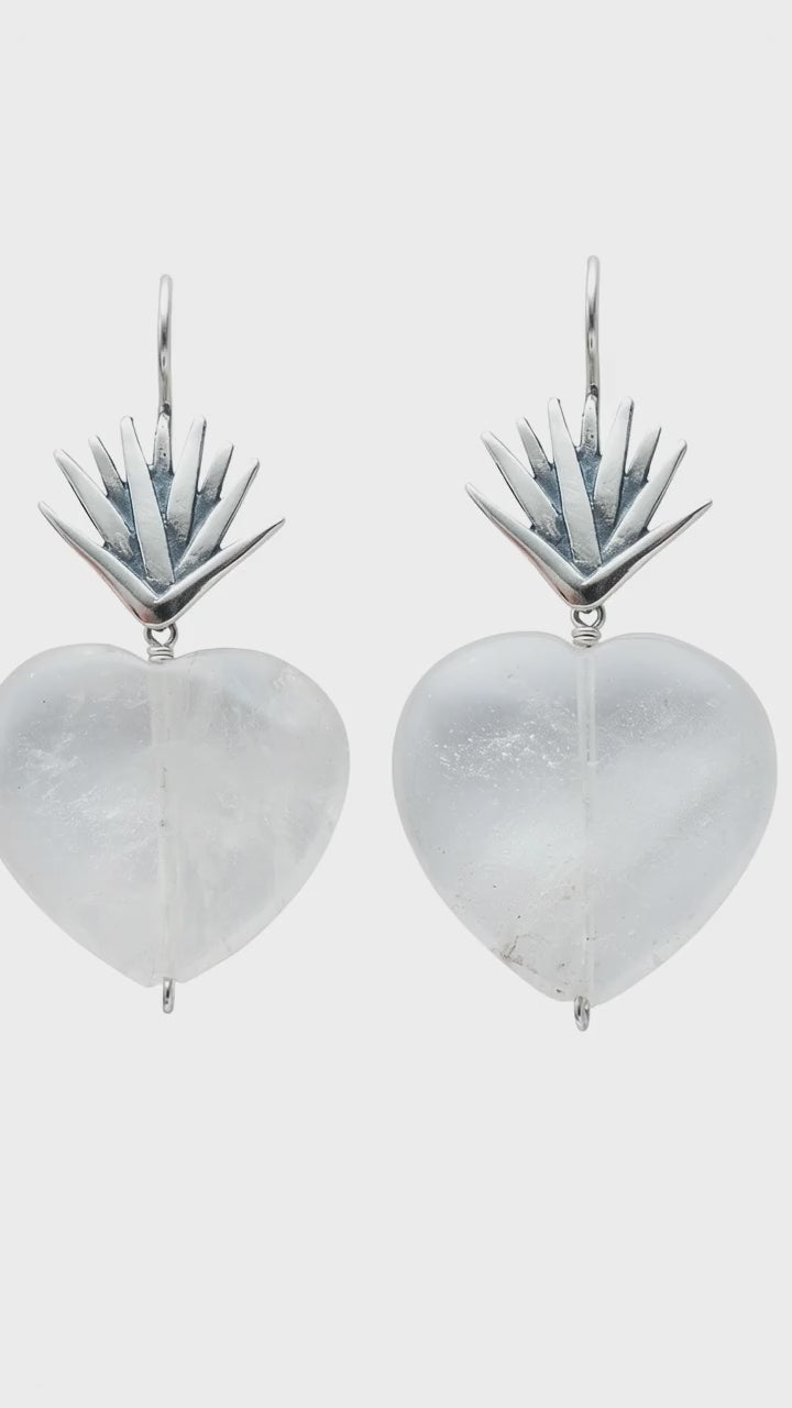 Silver Agave &amp; Quartz Heart Earrings