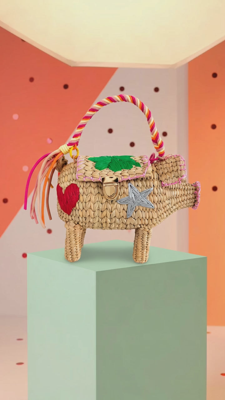Hand Embroidered Pig Straw Bag Clutch – One of a Kind Woven Animal Handbag