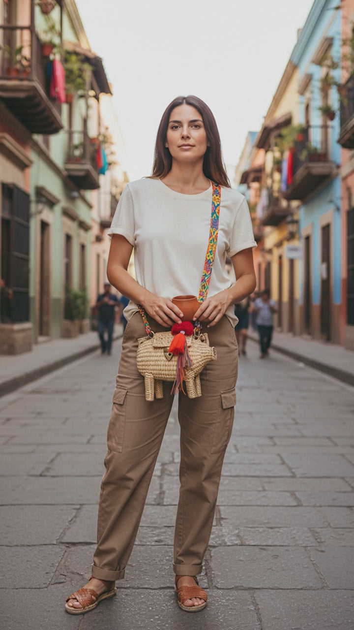 Pig Palm Crossbody Bag – Handwoven Straw Animal Bag with Woven Strap