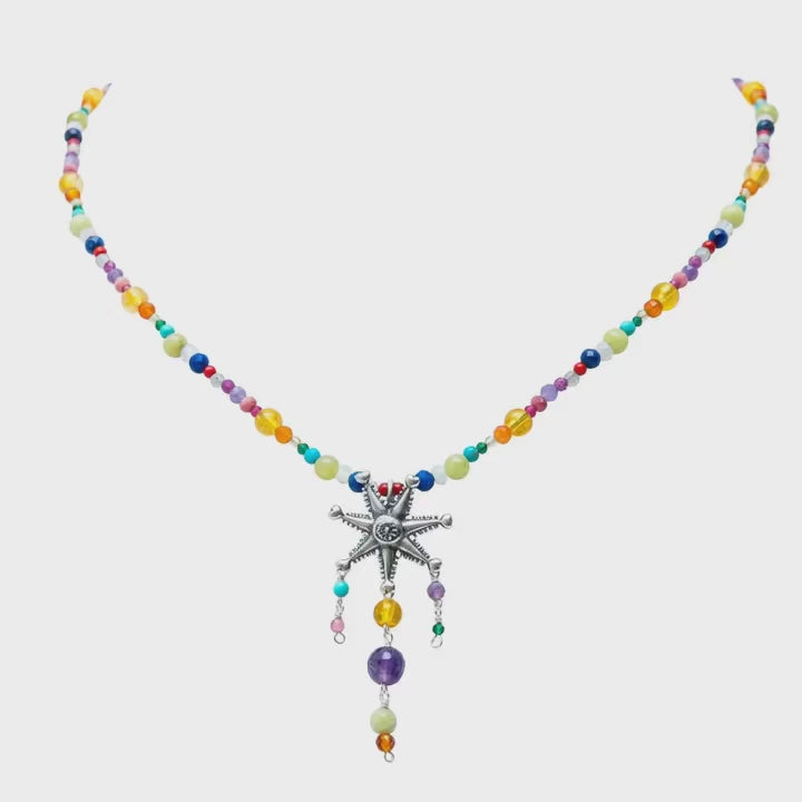 Mexican Silver .925 piñata gemstone necklace with colorful natural beads on white background