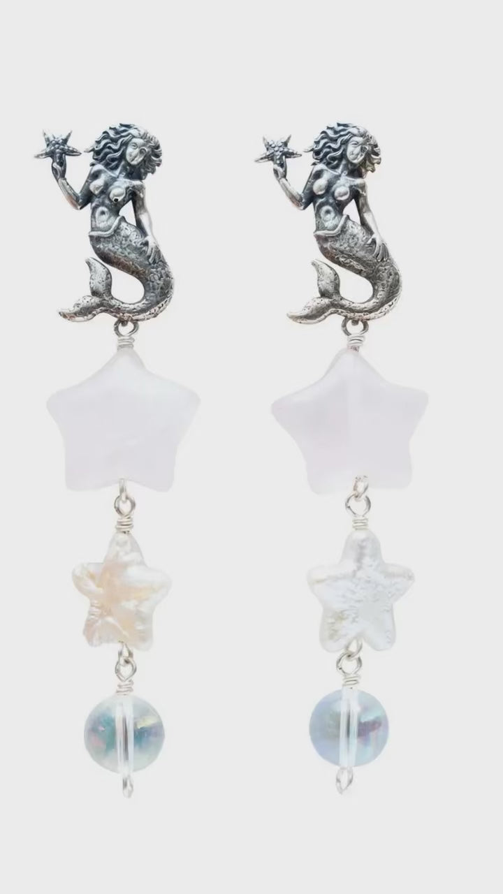 Whimsical Silver Mermaid Earrings with Quartz Charms