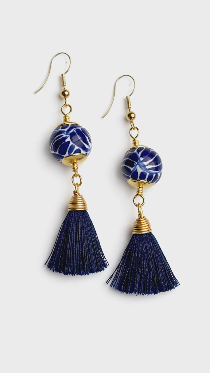 Blue Round Talavera Earrings with Tassels