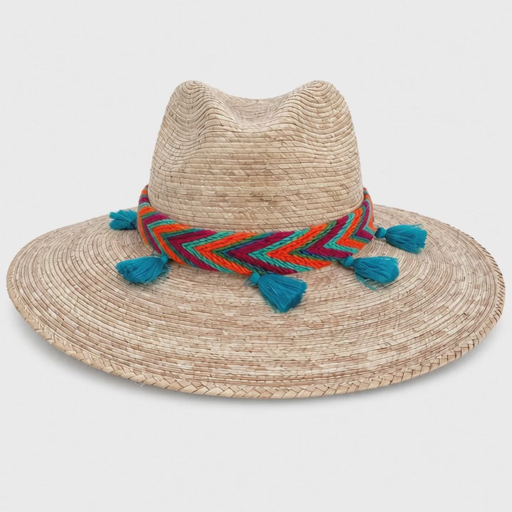 Colombian Straw Sun Hat with Wayuu Band and Blue Tassels