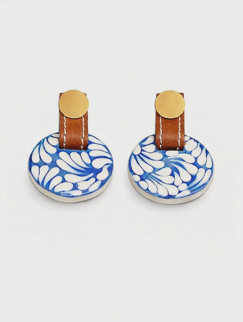Puebla Talavera Pottery Earrings with Genuine Leather Accents