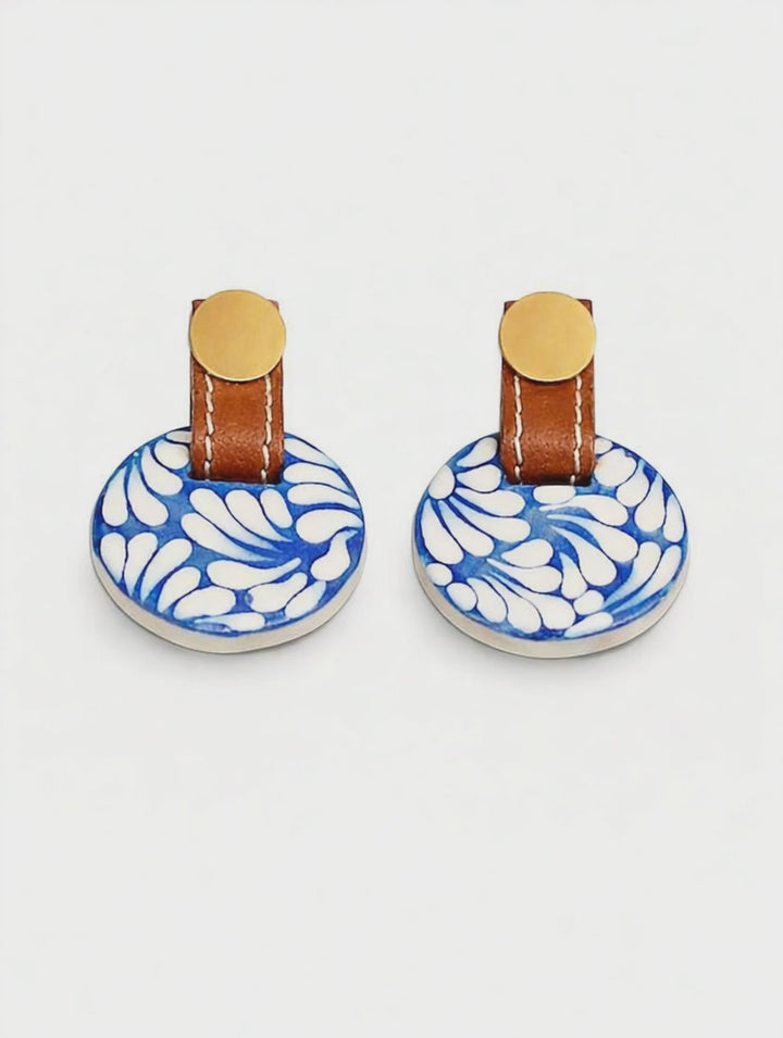 Puebla Talavera Pottery Earrings with Genuine Leather Accents