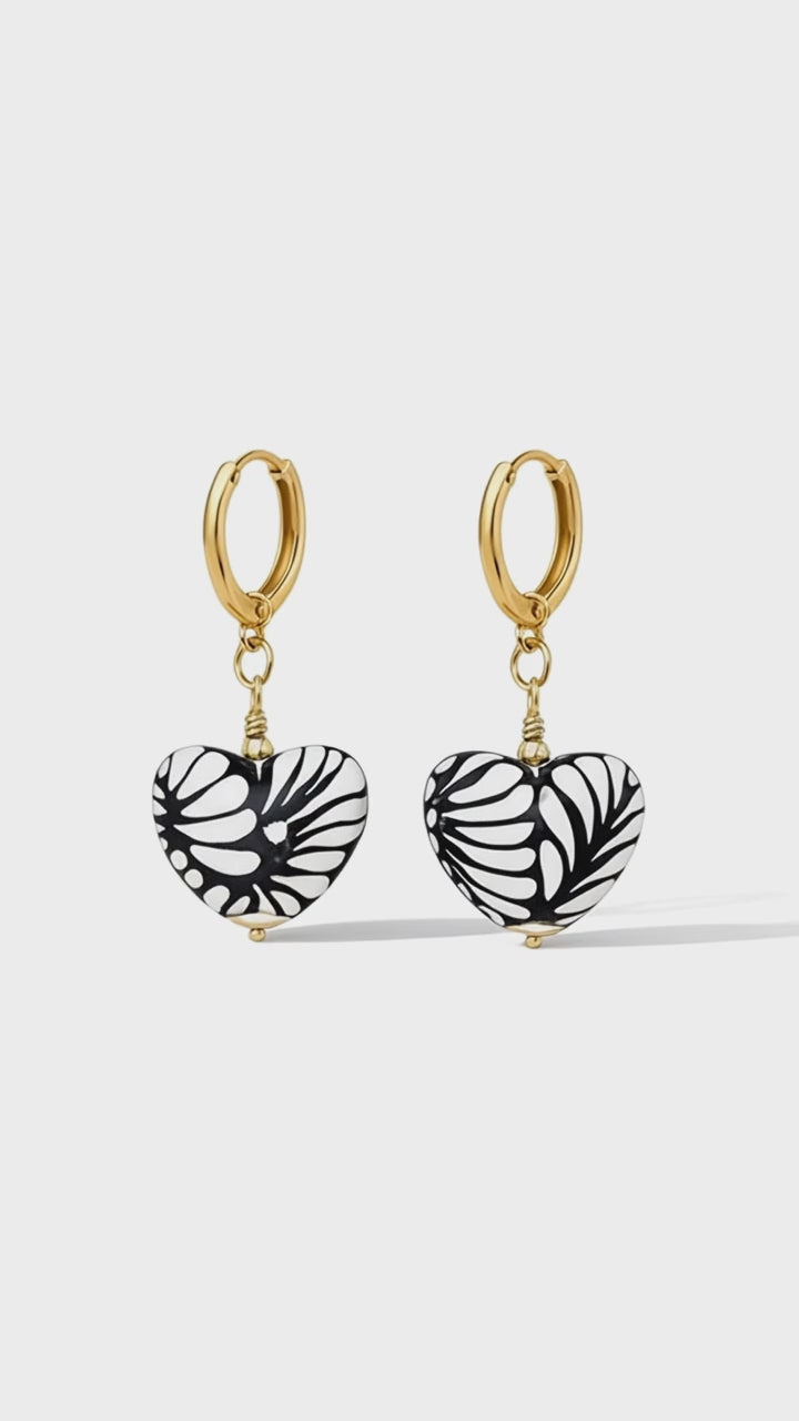 Handmade Black Talavera Heart Earrings from Puebla