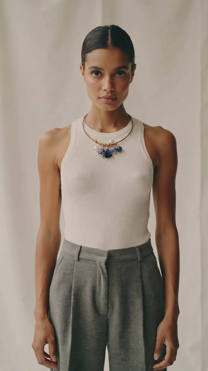 Genuine Talavera Necklace with Leather Cord and Freshwater Pearls