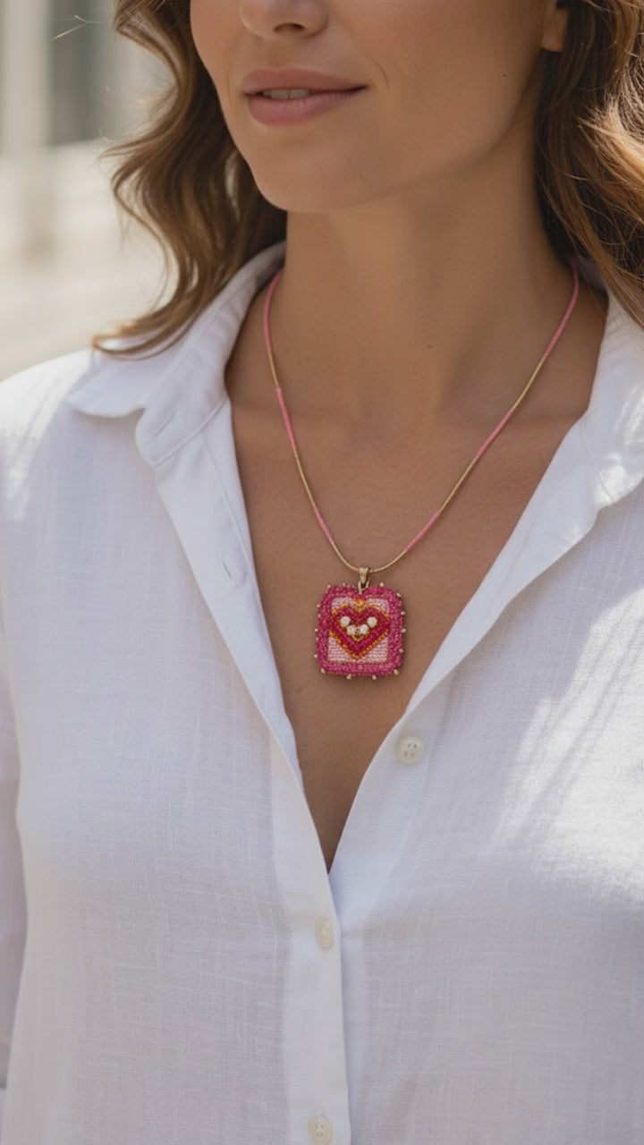 Mexican Milagros Necklace – Hand Embroidered Sacred Heart Jewelry
