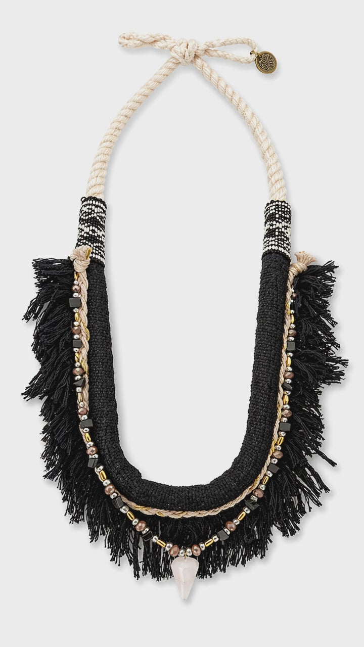 Boho Fringe Statement Necklace – Handmade Textile Bib Necklace
