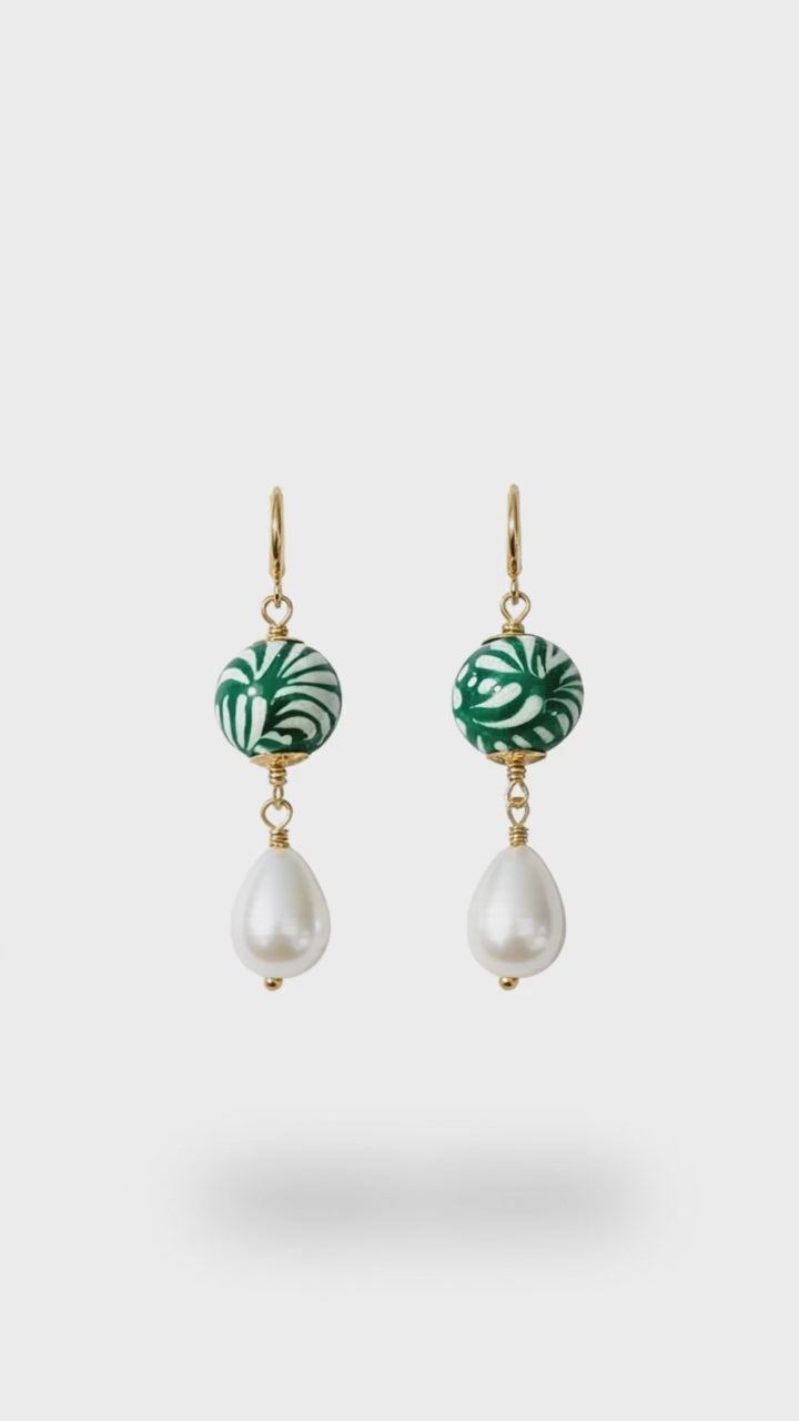 Green Talavera &amp; Pearl Earrings