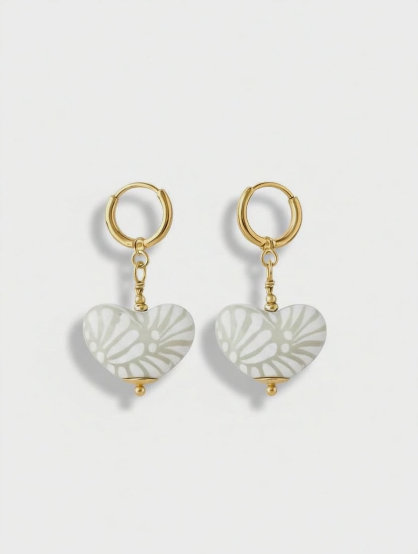 Gray Talavera Heart Earrings Gold Hoop