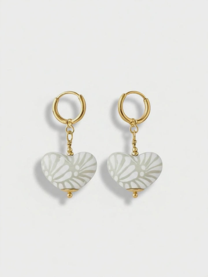 Gray Talavera Heart Earrings Gold Hoop