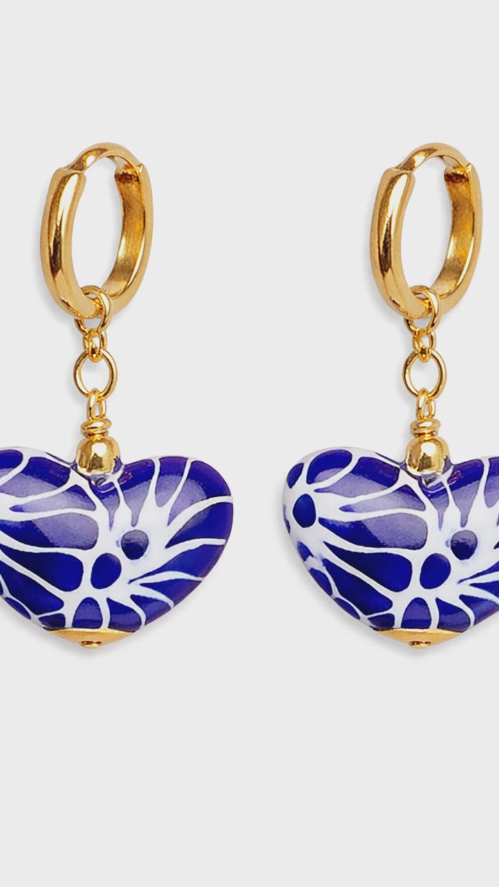 Blue Talavera Heart Earrings from Puebla Mexico