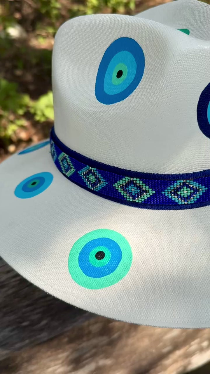 Evil Eye Hand Painted Hat with Huichol Band.