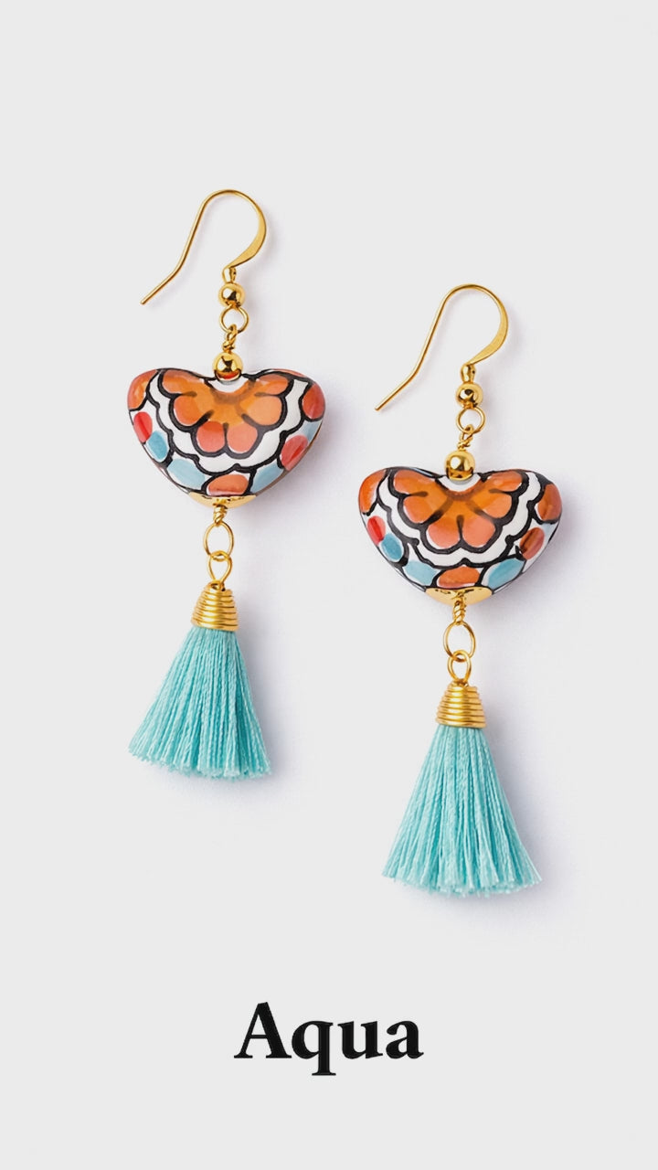 Talavera Pottery Heart Earrings with Colorful Tassels