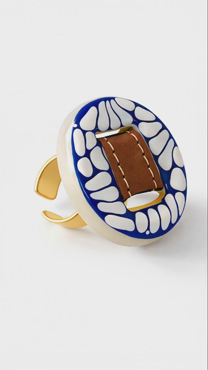 Puebla Talavera Pottery Ring with Genuine Leather Accents