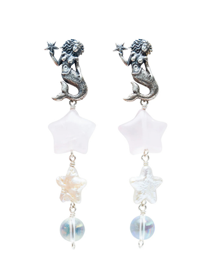 Whimsical Silver Mermaid Earrings with Quartz Charms