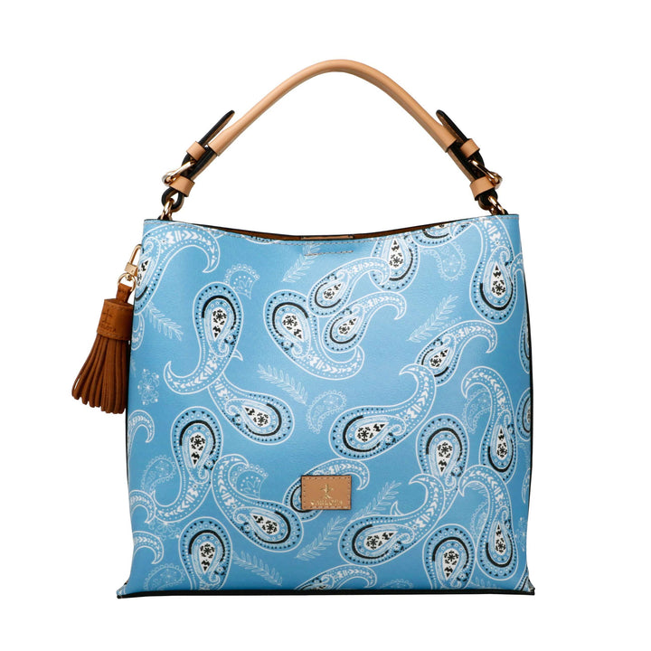Mexican leather shoulder bag with colorful bandana print and tassel on white background, suede interior tote, Bootsologie
